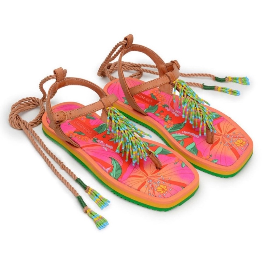 Farm Rio pink floral “Pietra” beaded sandals